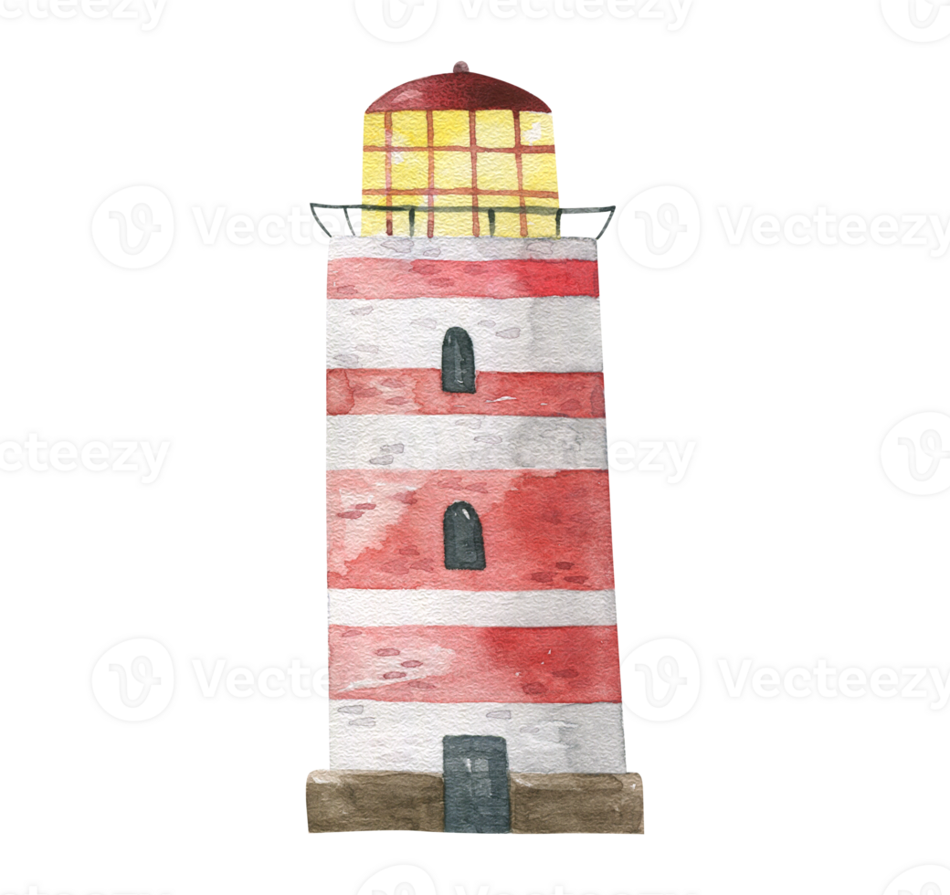 watercolor red and white lighthouse illustration, cute childish isolated clipart. Oceania. Sea life. Sticker png