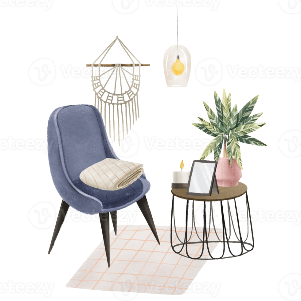 Komposition mit ein Blau Samt Stuhl, Nächster zu ein Tabelle mit ein Foto Rahmen und Calathea, Kerzen. Boho Design. minimalistisch skandinavisch Stil. süß Illustration png