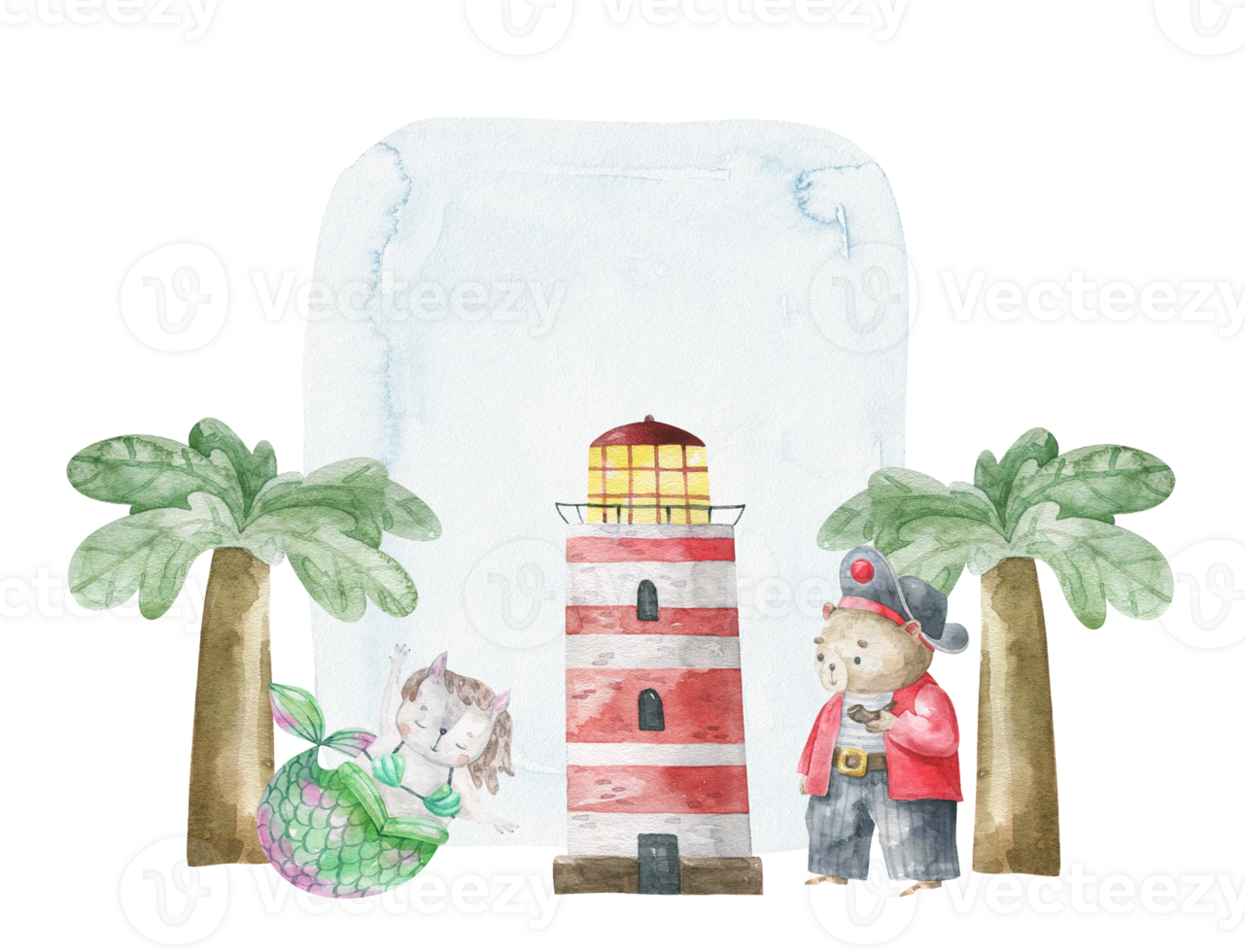 Nautical composition with palms, lighthouse, mermaid and bear pirate on painted blue spot. Watercolor childish illustration on isolated background png