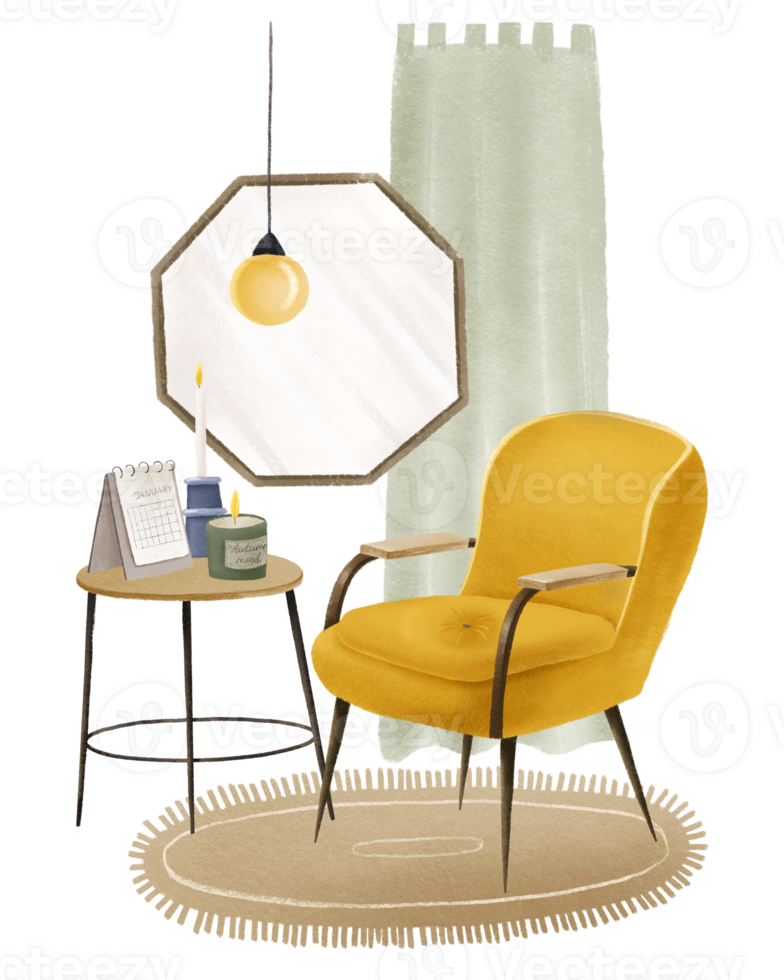 confortable intérieur avec une Jaune fauteuil, rideau, miroir et café tableau. concept de se détendre. confortable chambre, conception. moderne Accueil décor dans de face png