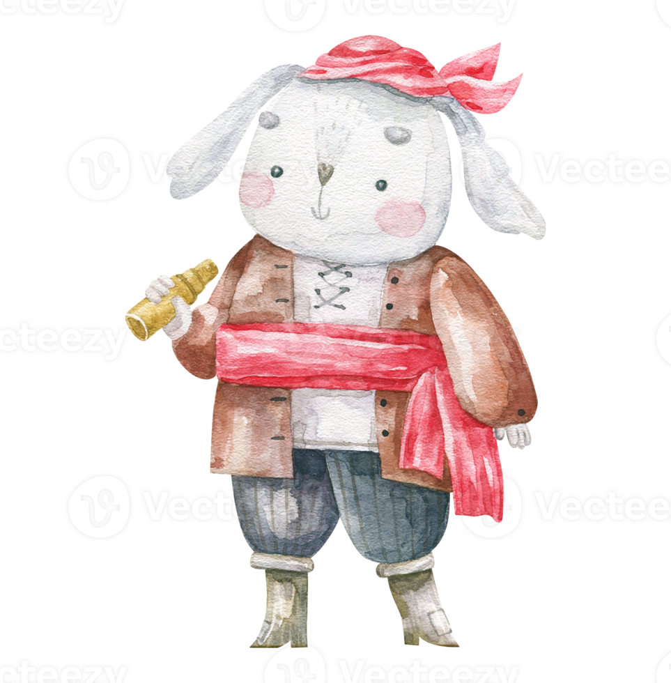 watercolor pirate animal illustration, cute childish isolated clipart.  underwater life. Oceania. Cartoon character for baby. Funny kids design, sticker, print png