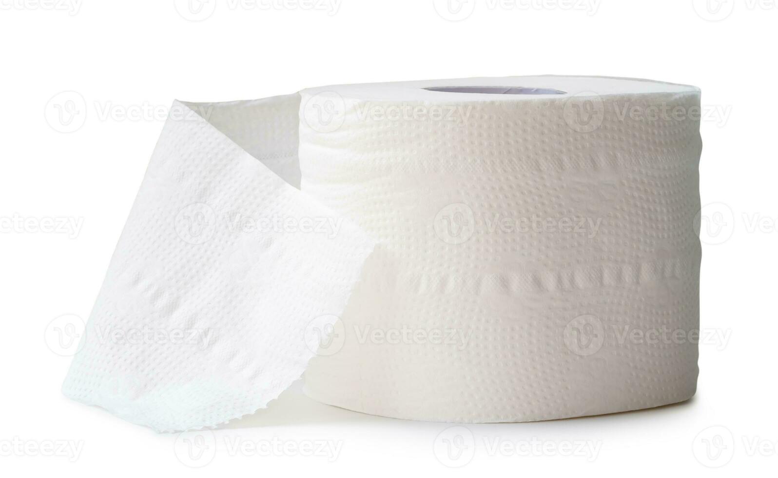 Front view of single tissue paper roll prepared for use in toilet or restroom isolated on white background with clipping path photo