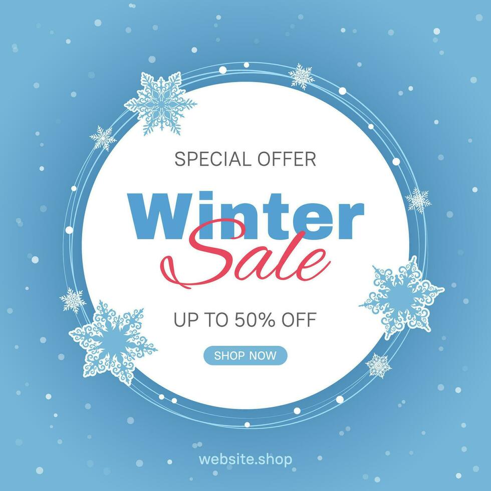 Banner template for seasonal winter sale with blue background and snowflakes. Usable for social media posts, web internet ads. vector