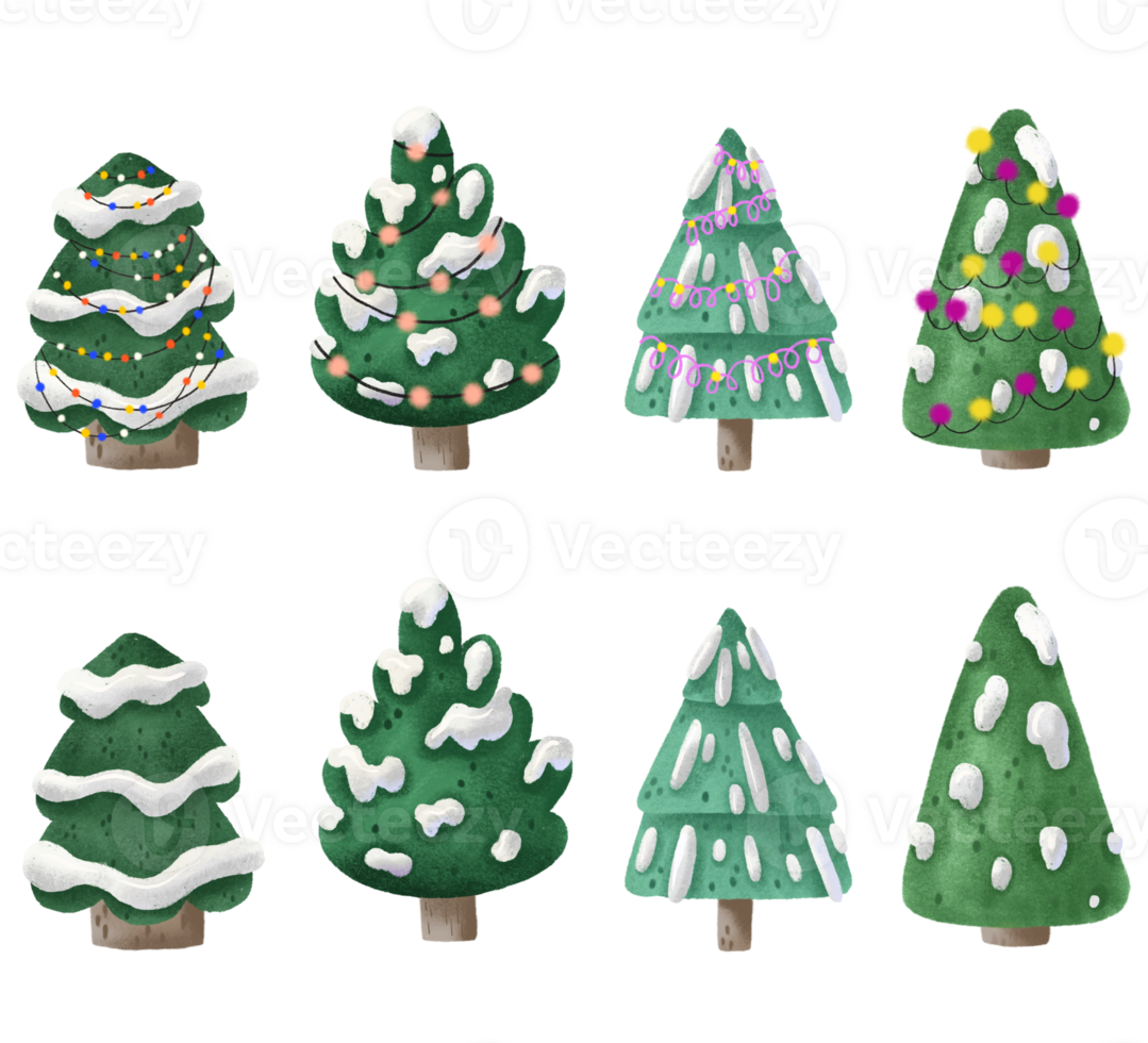 New Year and Christmas trees with and without garlands, lights, ribbons. Cute cartoon isolated design with eves, snowy Pines branches. Forest, woodland, landscape elements png