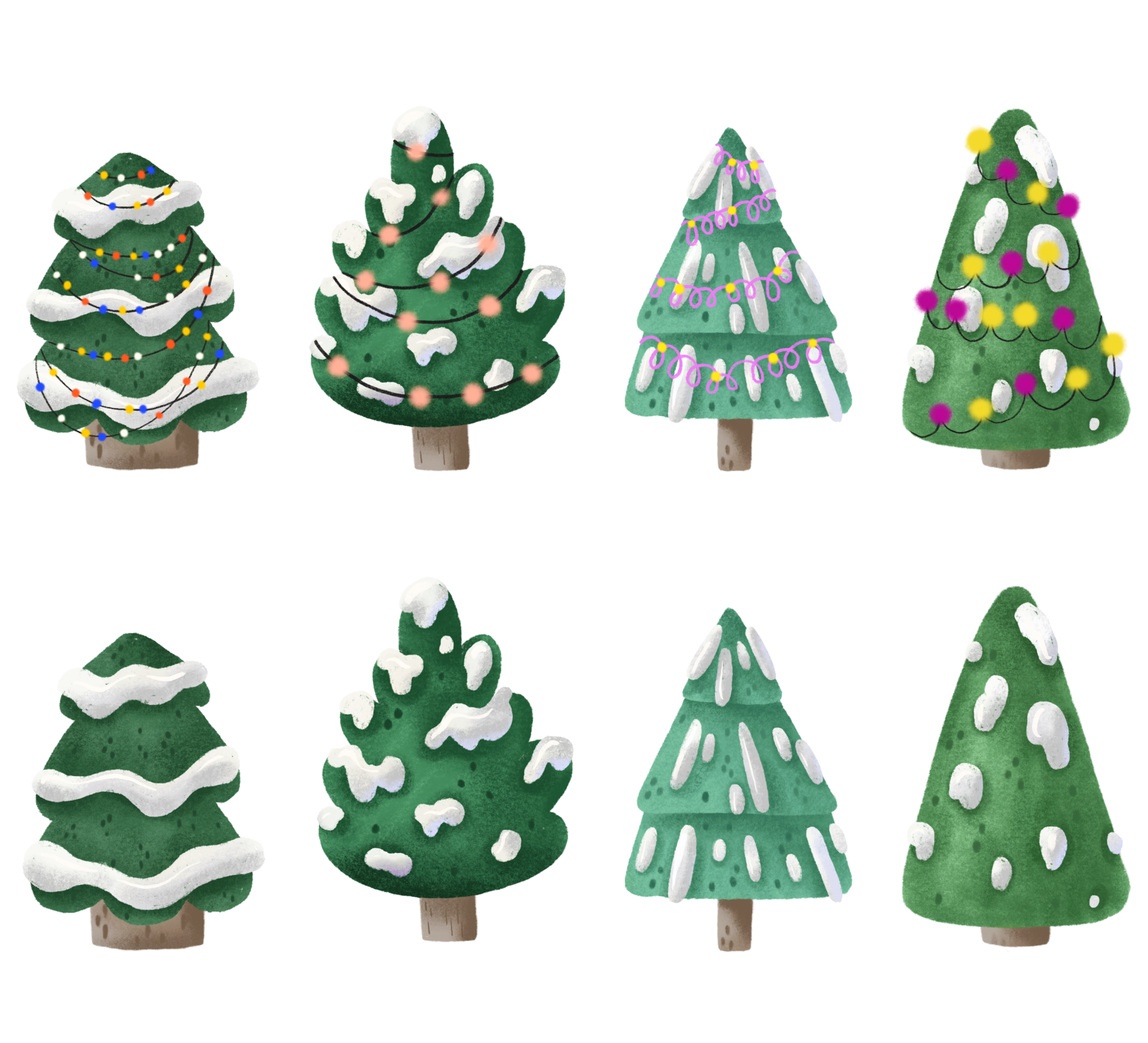 New Year and Christmas trees with and without garlands, lights, ribbons