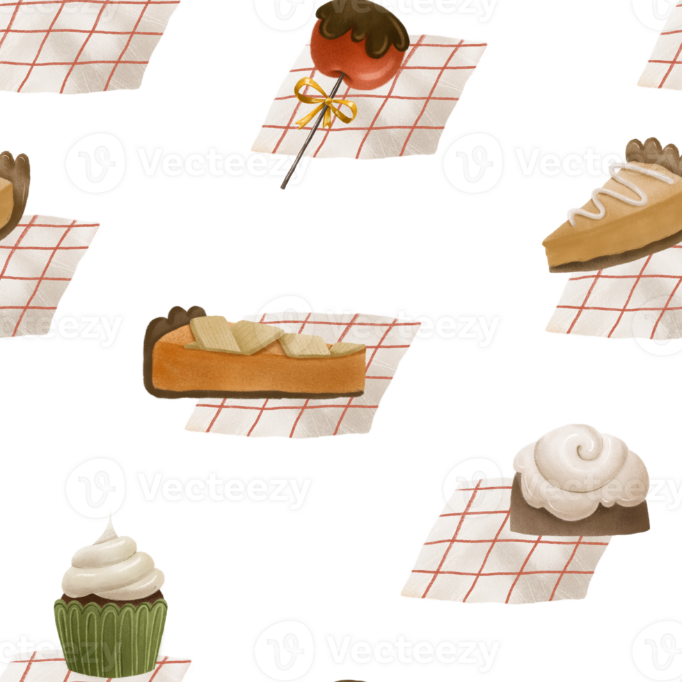 Thanksgiving autumn color pattern with cake, pie, cupcake, pumpkin pie, lollipop with red apple in chocolate and white and red napkin. Seamless loopable pattern. Endless isolated design png