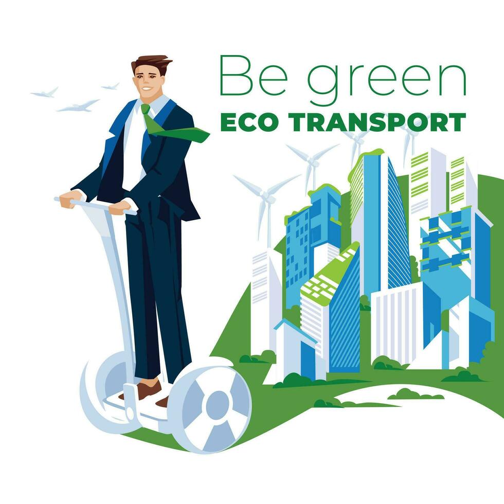 empresario vestido en traje utilizando aire rueda. el concepto de ecológico transporte y ambiental proteccion. verde ciudad detrás. vector plano ilustración