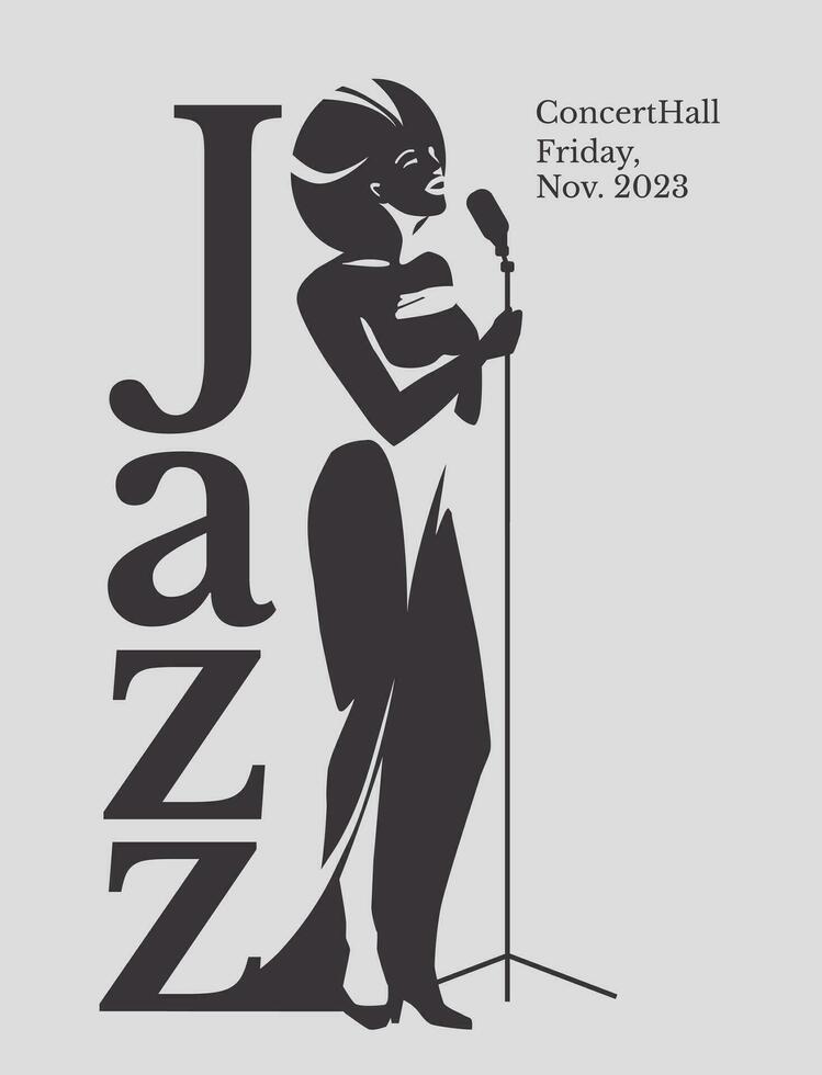 black and white poster of a jazz singer. Advertisement of a postcard of a musical event. Vector flat illustration