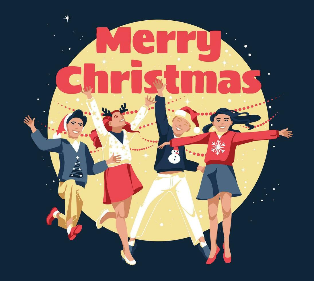 Group of children celebrating Christmas. Symbols on a dark background with snow. Postcard, postcard. Vector flat illustration