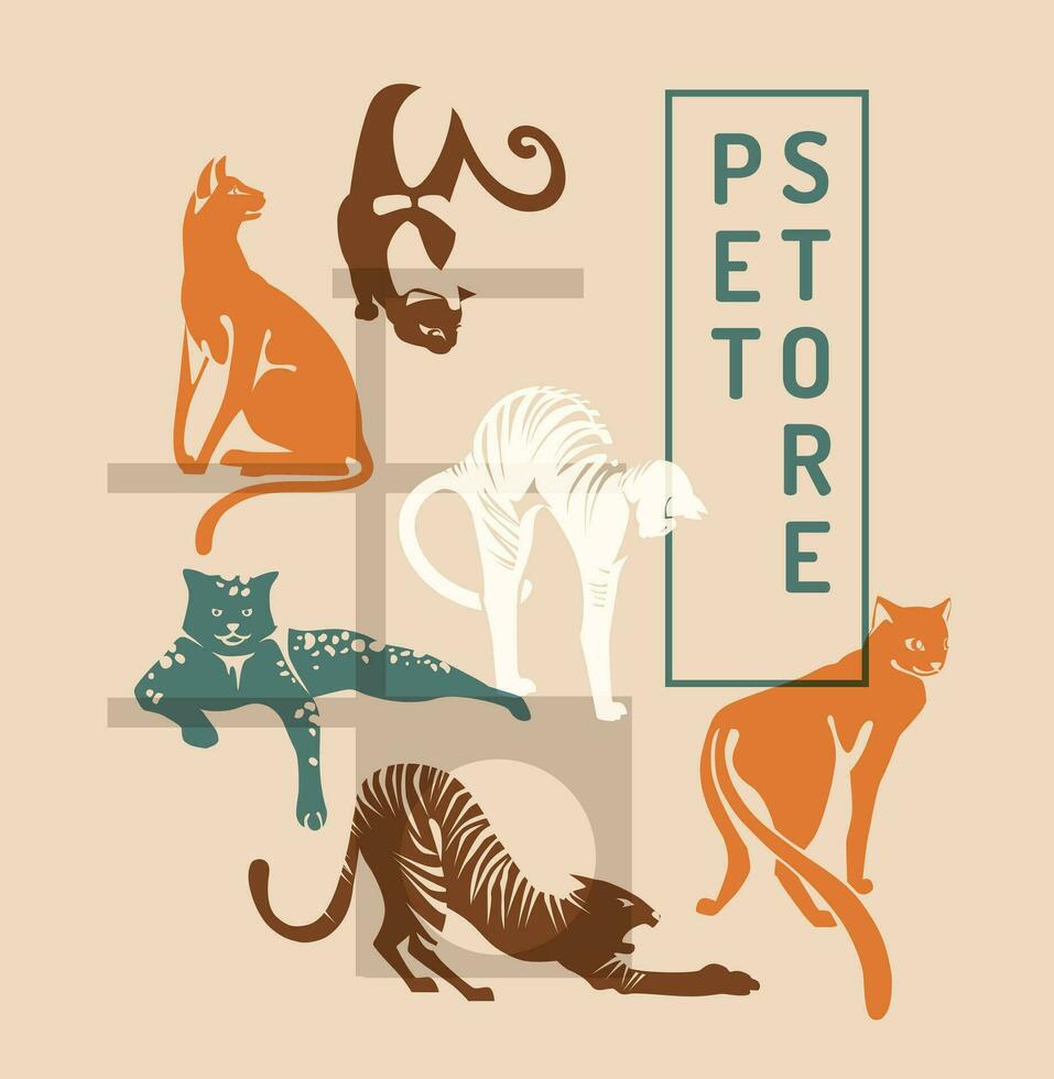 Set of different cats in poses. Risograph effect. Vector flat illustration