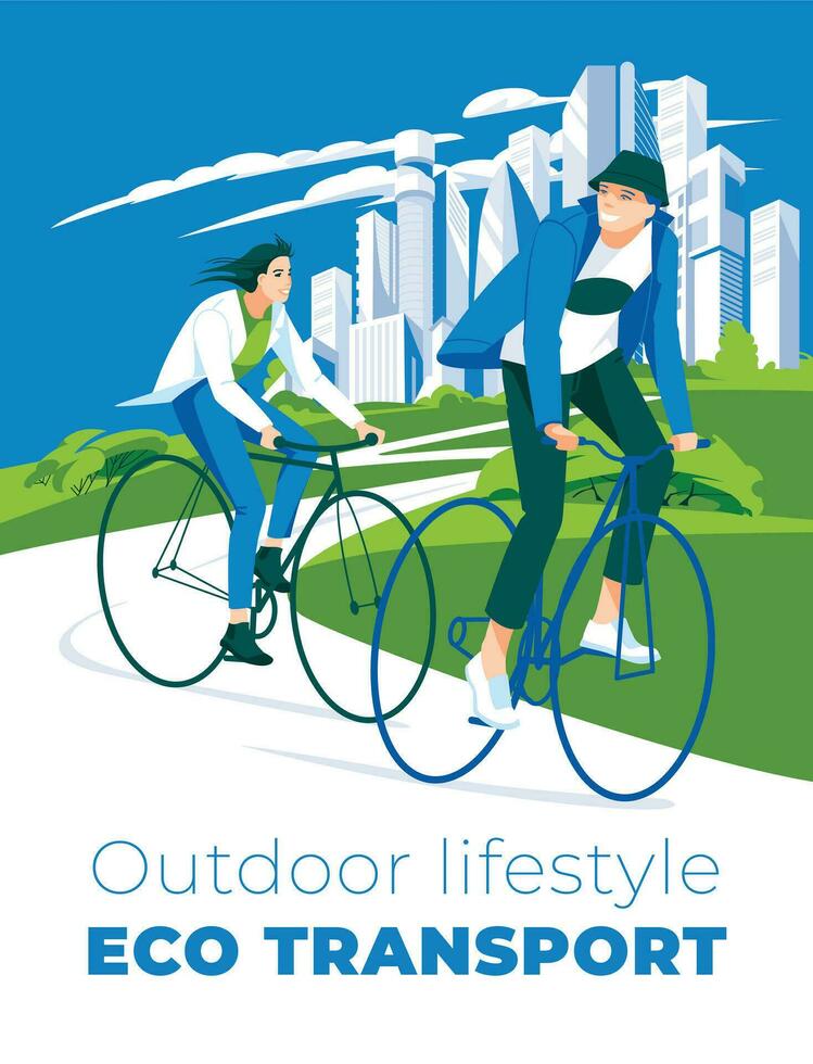 two cyclists, a young man and a woman, ride on a country road. Skyscrapers landscape. Concept of ecological transport and healthy lifestyle. Vector flat illustration