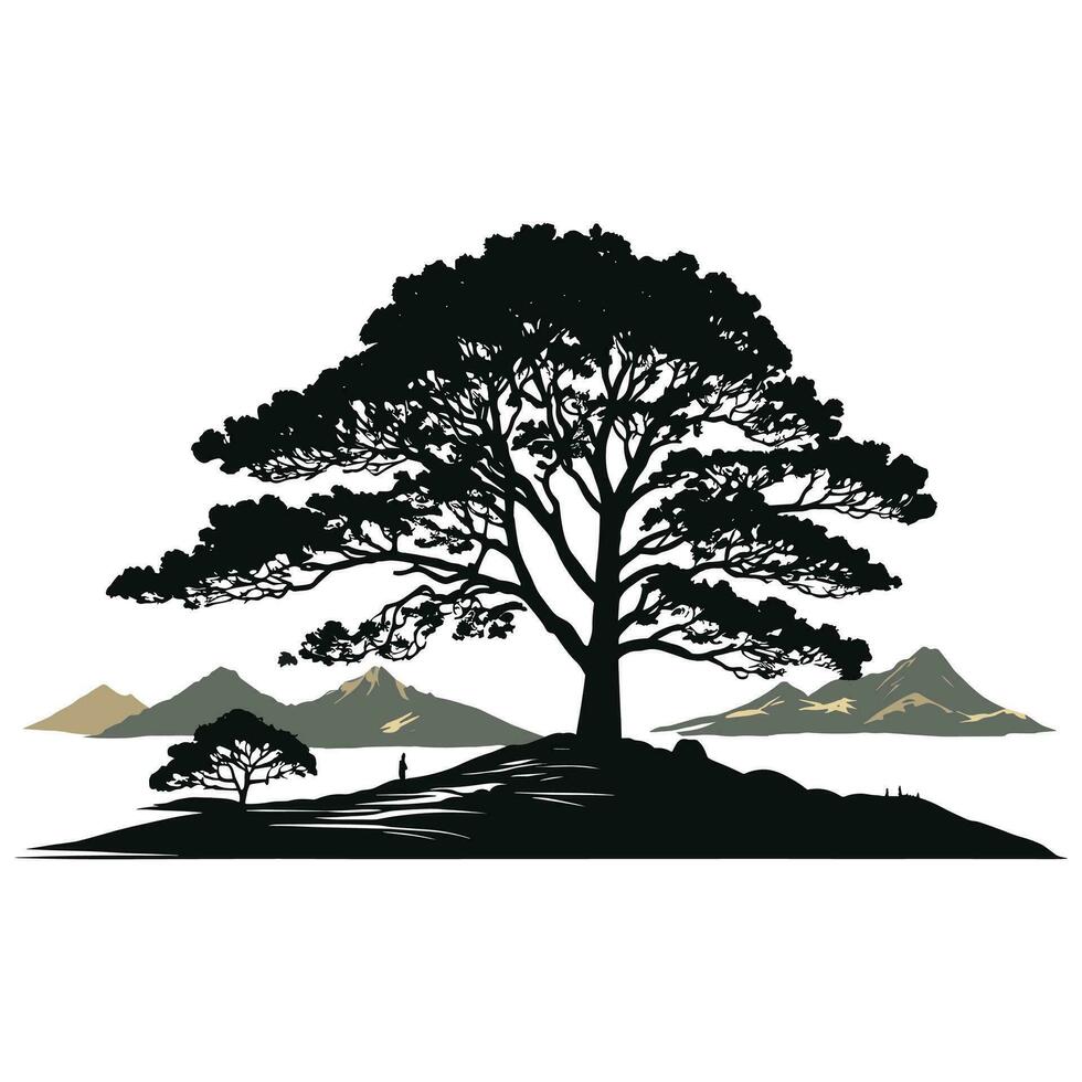 montañas árbol y pájaro siluetas vector ilustración