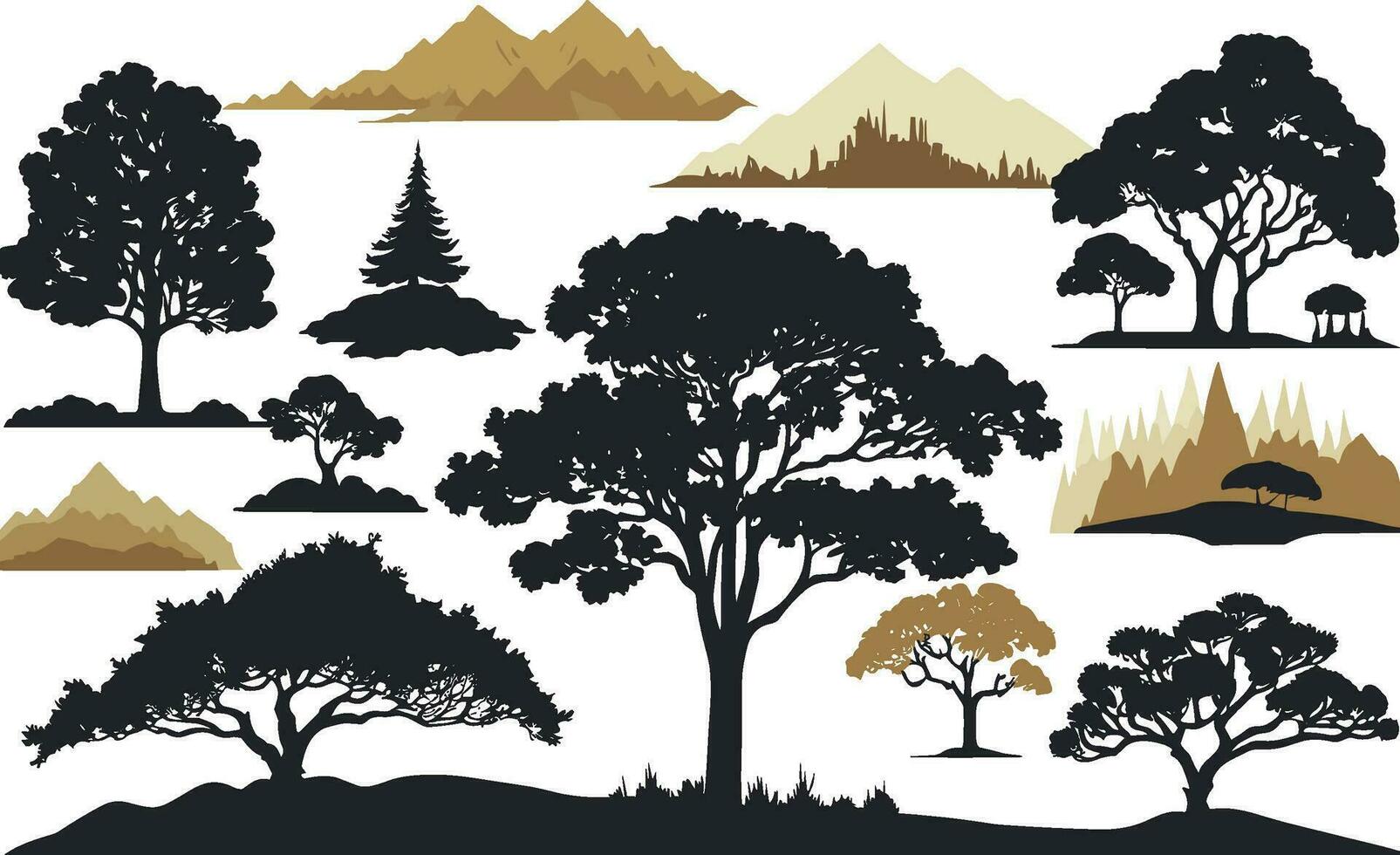 montañas árbol y pájaro siluetas vector ilustración