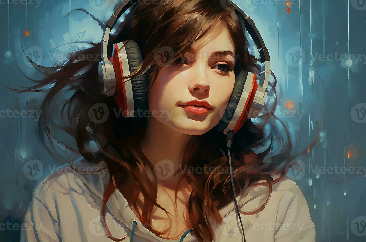 Joyful Girl listen music. Generate Ai photo