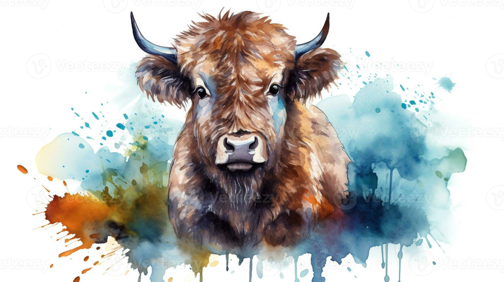 a cute little Bison in watercolor style. Generative AI photo