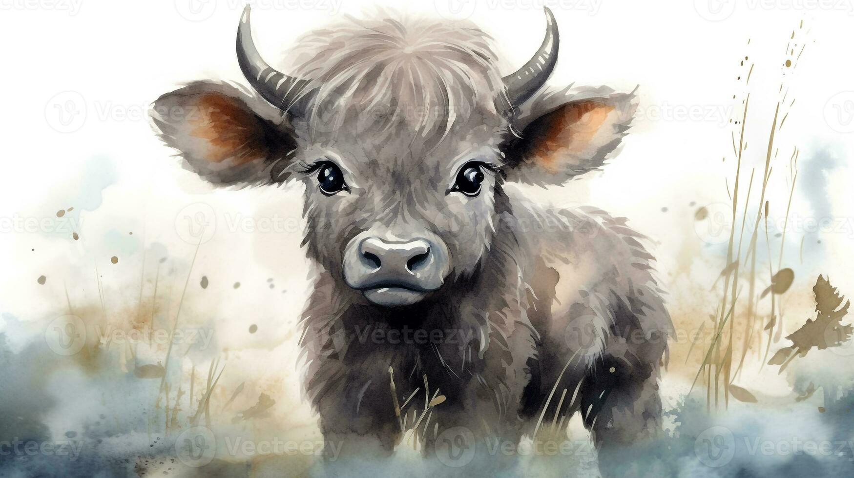 a cute little Buffalo in watercolor style. Generative AI photo