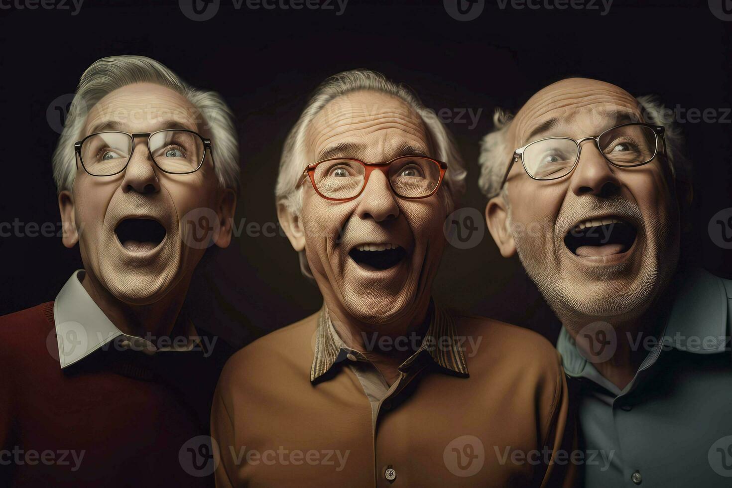 Portrait of excited elderly men hearing sounds. Generate ai photo