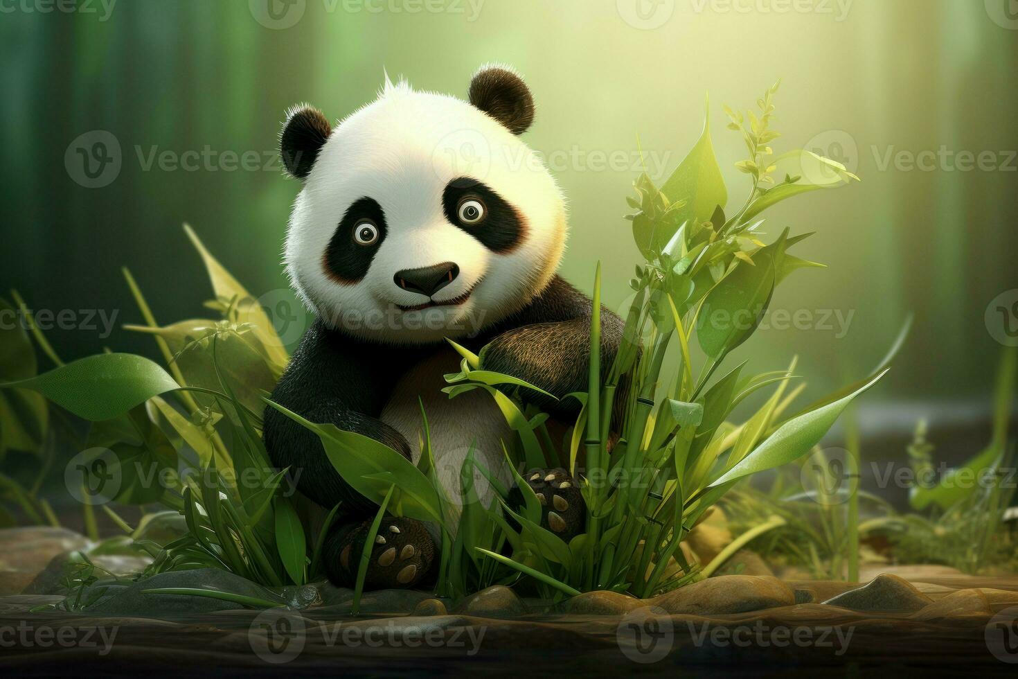 Fluffy Cute panda with bamboo nature. Generate Ai photo