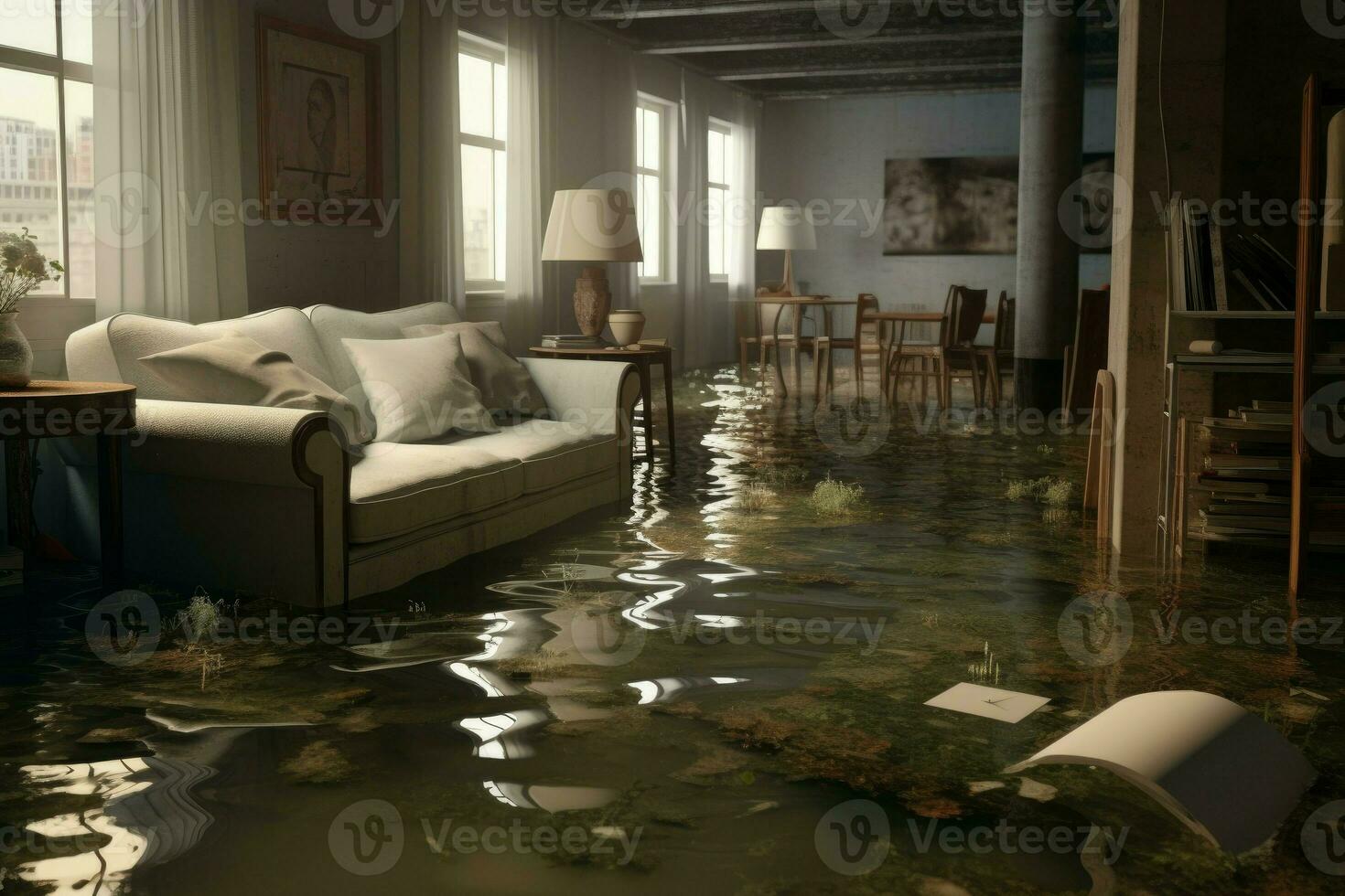 Soggy Flooded flat interior room. Generate Ai photo