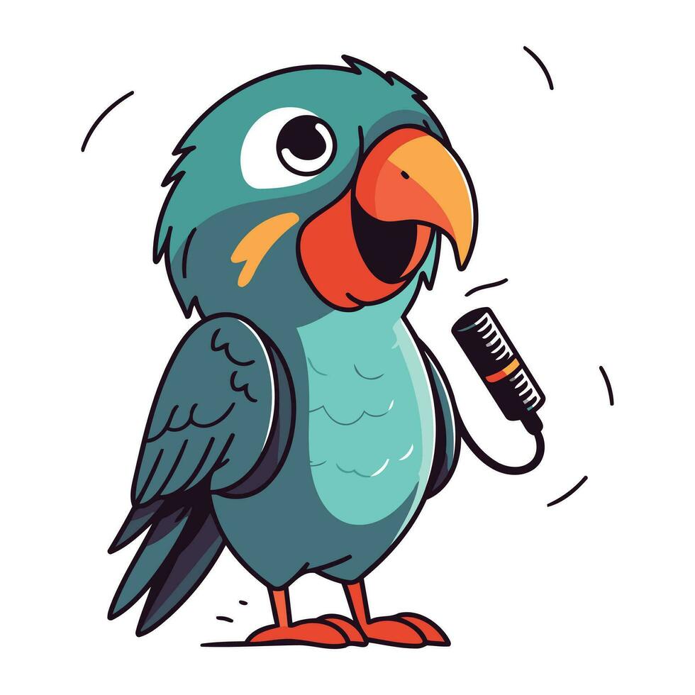Cute cartoon parrot with a microphone. Vector illustration on white background.