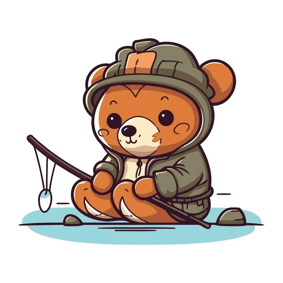 linda dibujos animados castor pescador con pescar vara. vector ilustración.