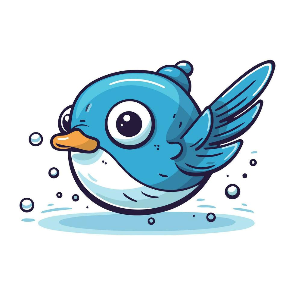 Cute blue bird with wings. Cartoon vector illustration isolated on white background.