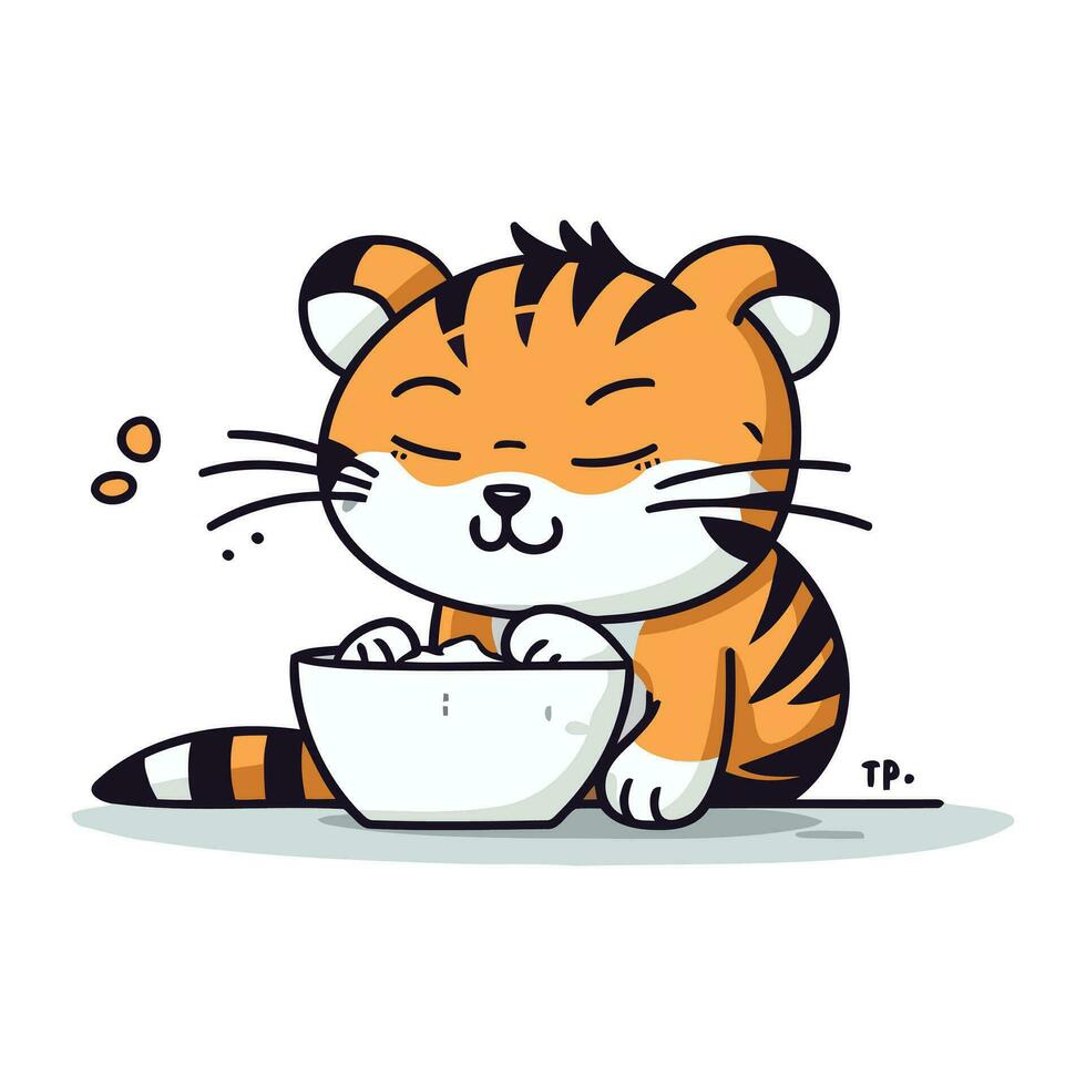 Cute little tiger holding a bowl of milk. Vector illustration.