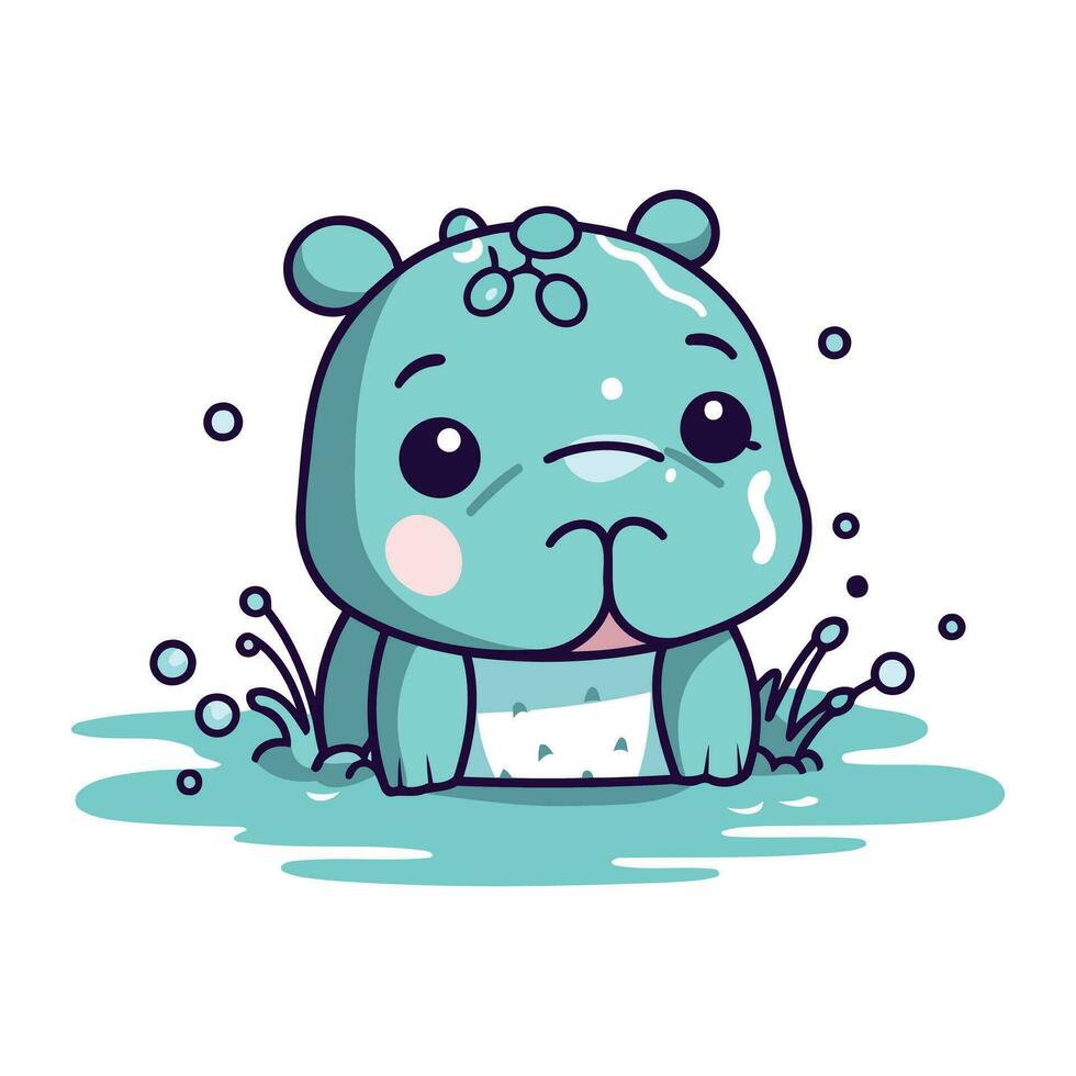 Cute cartoon hippopotamus in the water. Vector illustration.