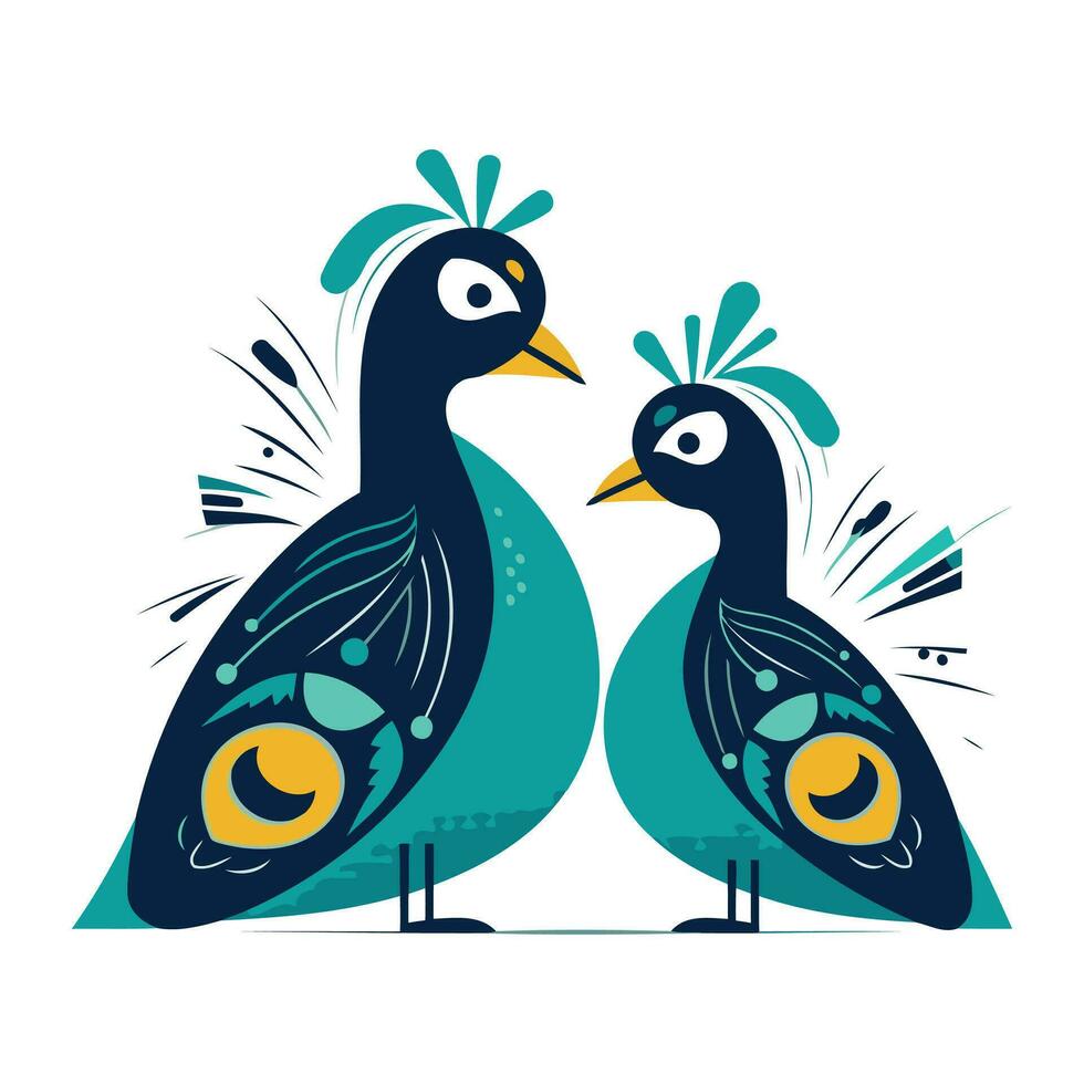 Vector illustration of two peacocks on a white background. Flat style.