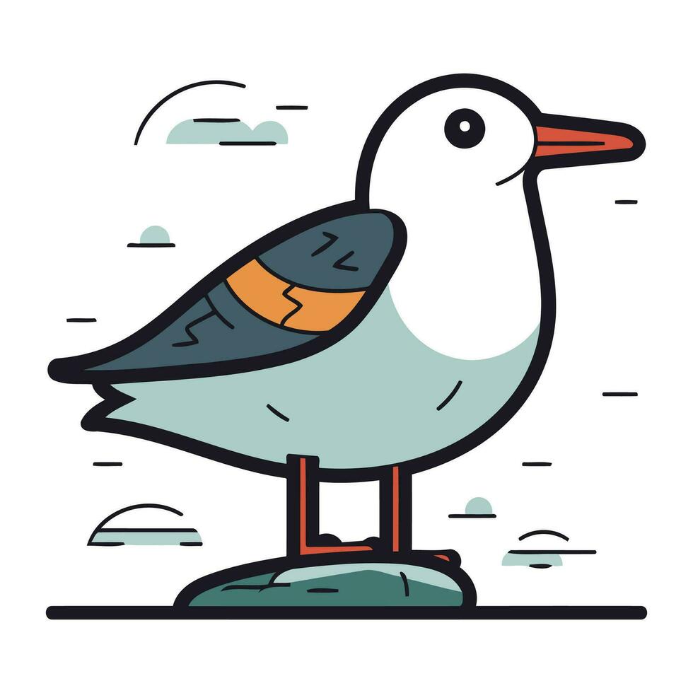 Gaviota en pie en un roca. vector ilustración en plano estilo.