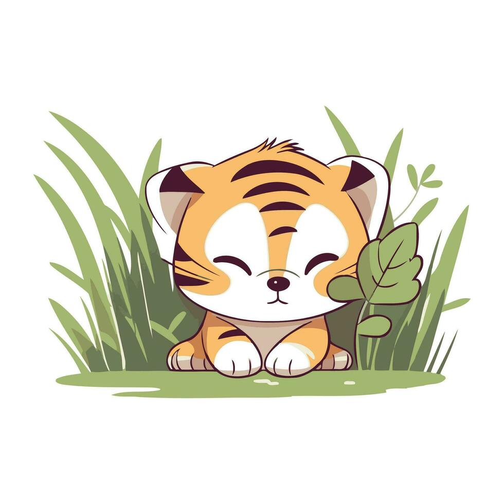 Cute little tiger sitting in the grass. Vector cartoon illustration.