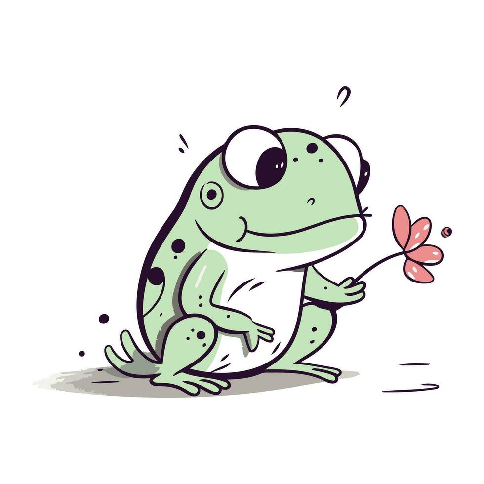 rana con flor. vector ilustración de un linda dibujos animados rana.