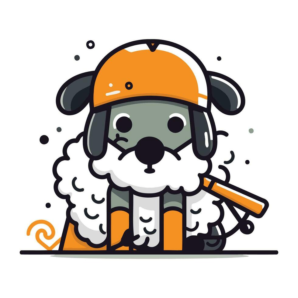 linda perro con béisbol murciélago y naranja casco. vector ilustración.