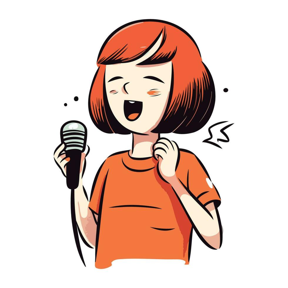 Cute girl singing karaoke with microphone. Vector illustration.