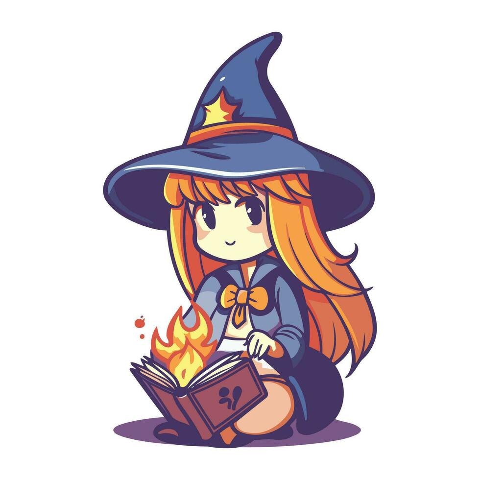 Cute little witch reading a book. Vector illustration in cartoon style.