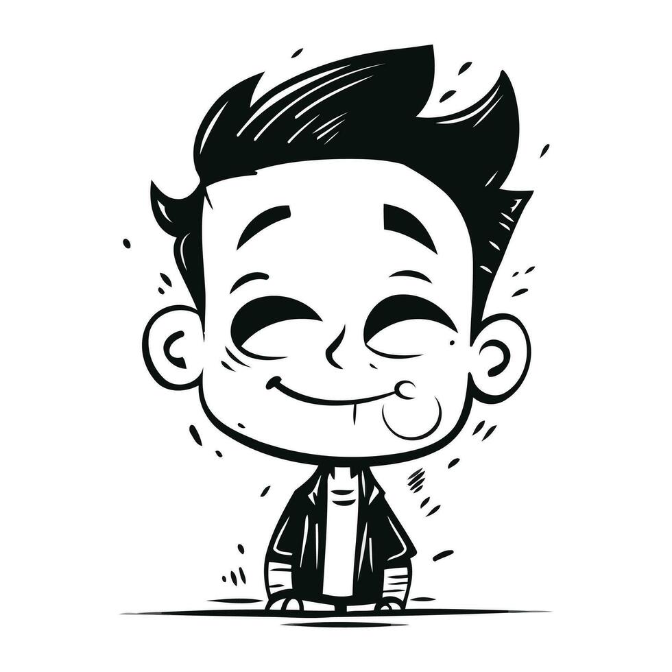 Vector illustration of a cartoon boy smiling. Black and white image.