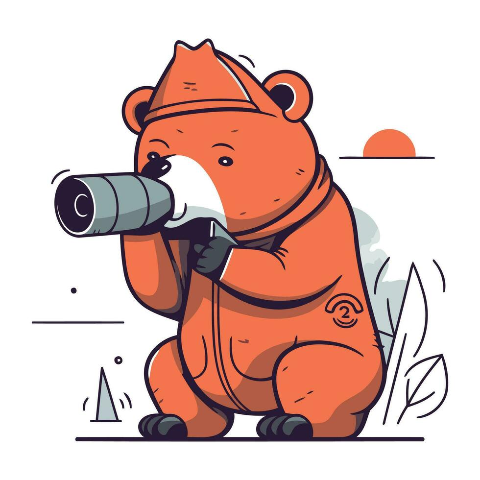 Vector illustration of cute cartoon bear with binoculars in hand.