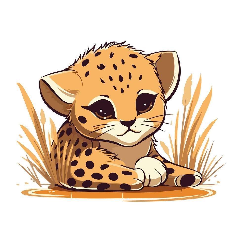 leopardo cachorro sentado en césped y mirando a cámara. vector ilustración.