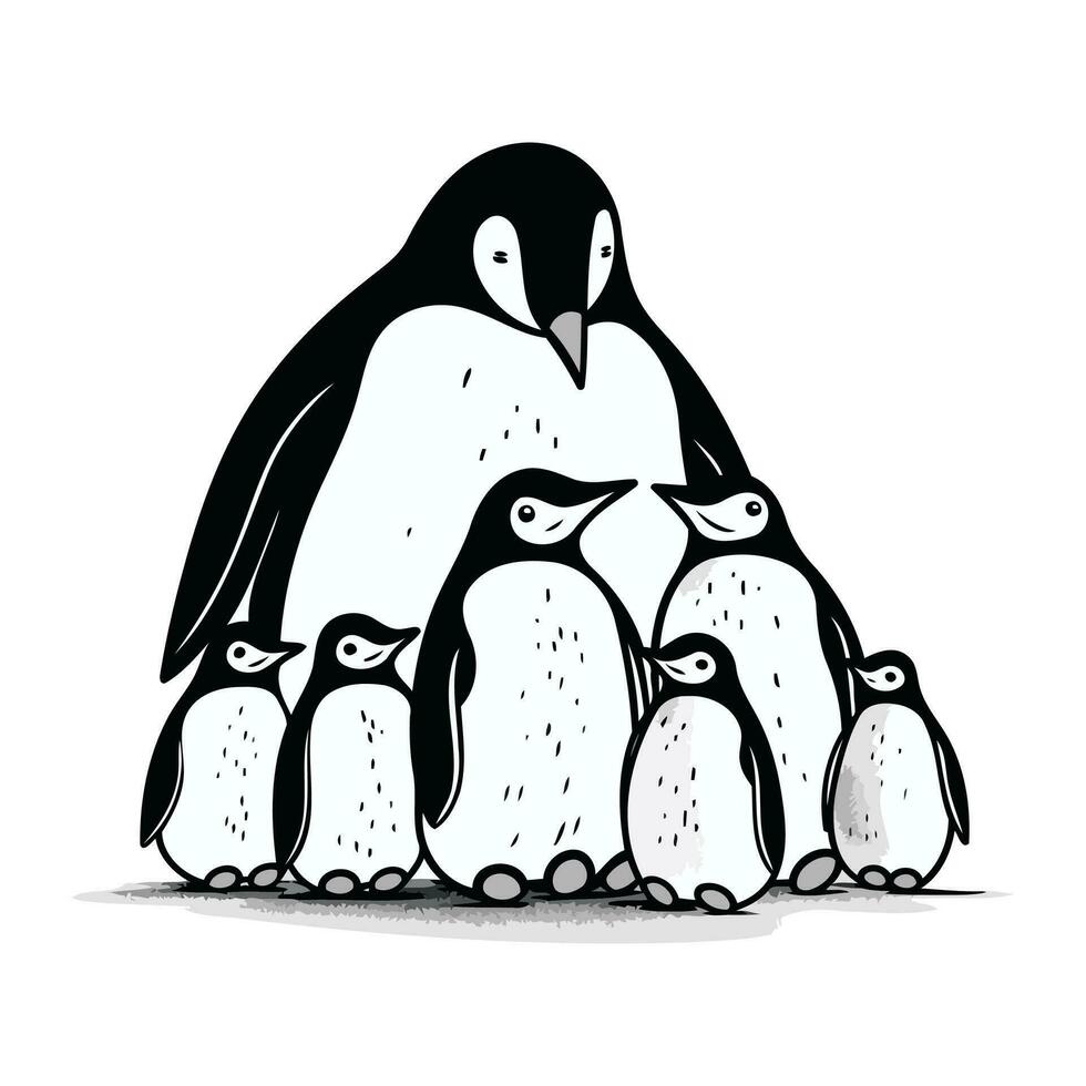 Penguin family on white background. Hand drawn vector illustration.