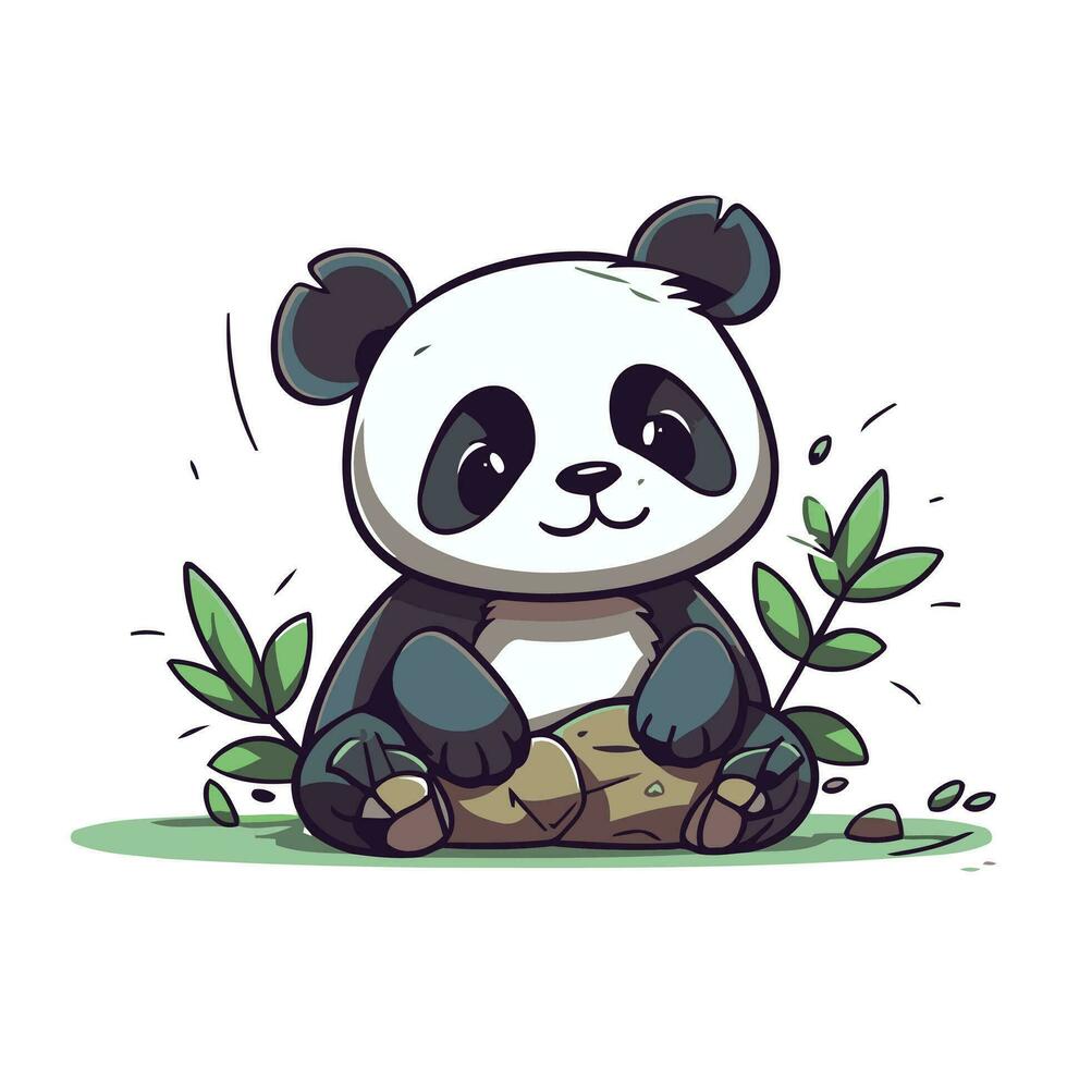 Cute panda sitting on a rock. Cartoon vector illustration.