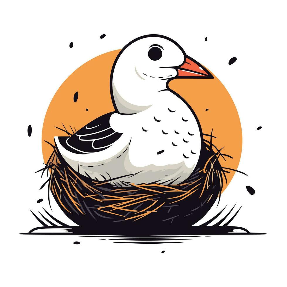 Vector illustration of a cute seagull in a nest with eggs.