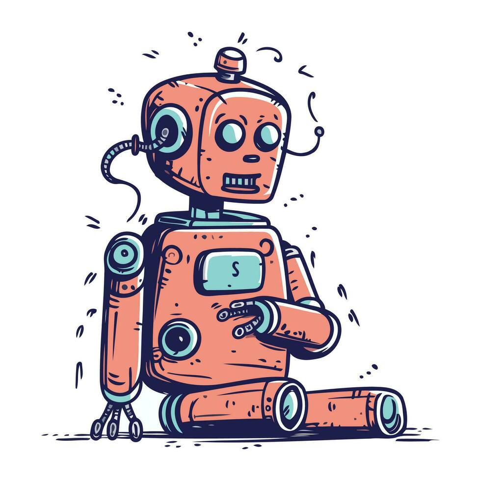 Cute cartoon robot. Hand drawn vector illustration of a robot.