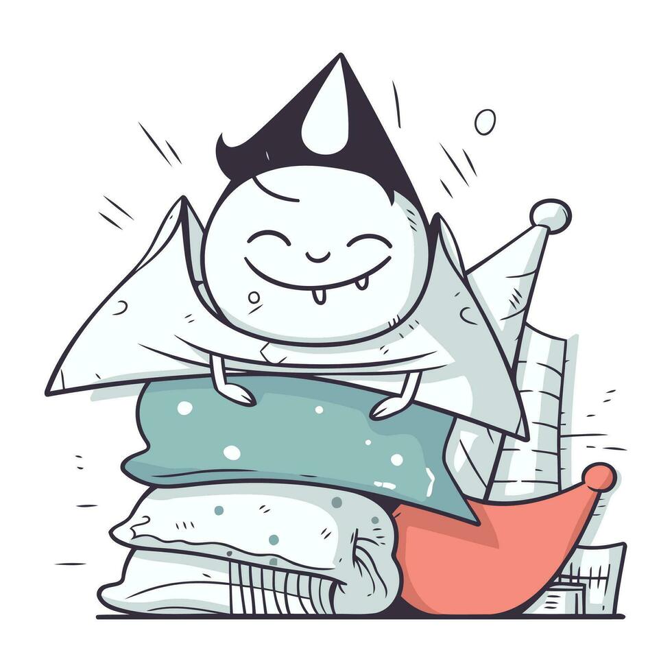 Vector illustration of a cute cartoon cat in a party hat sitting on a pile of pillows.