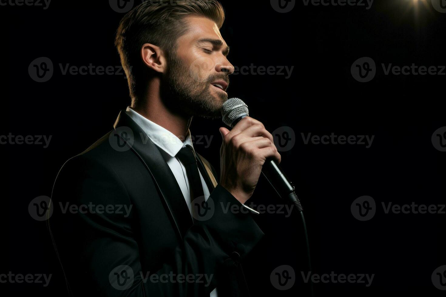 hermoso hombre con micrófono canto músico sonido. generar ai foto