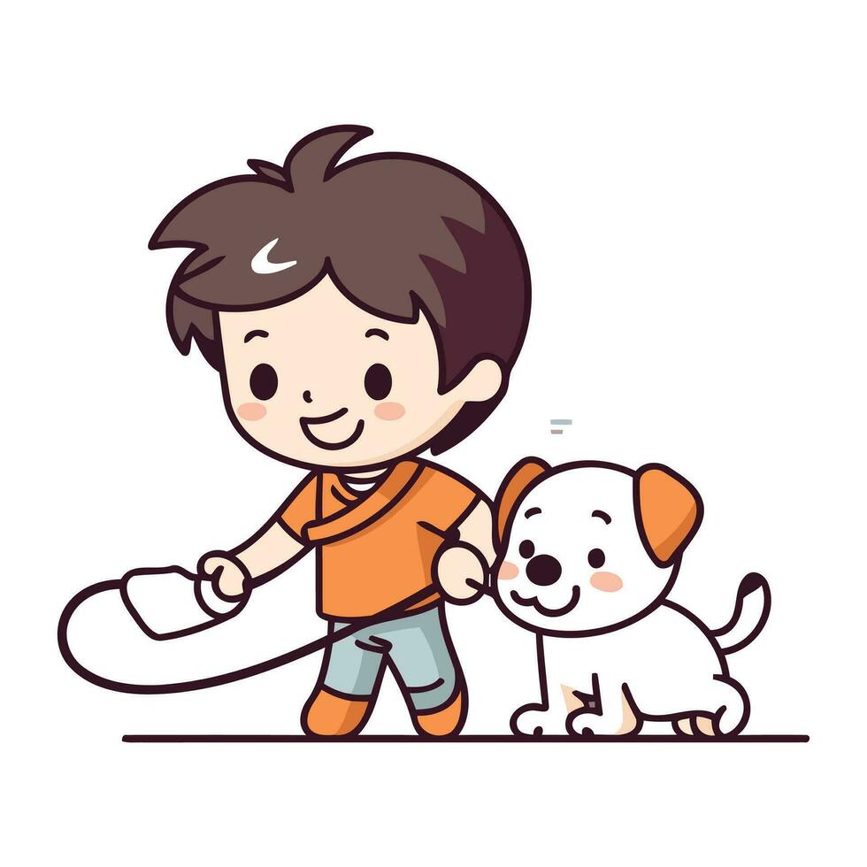 Boy playing with a dog. Cute cartoon character. Vector illustration.