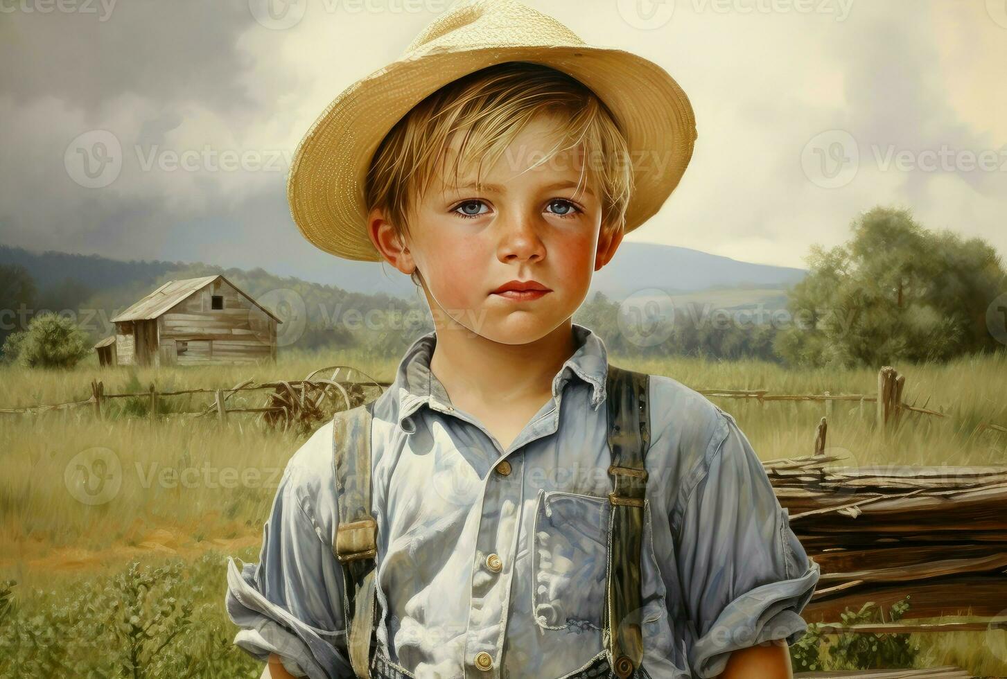 Resilient American farmer boy at field. Generate Ai photo