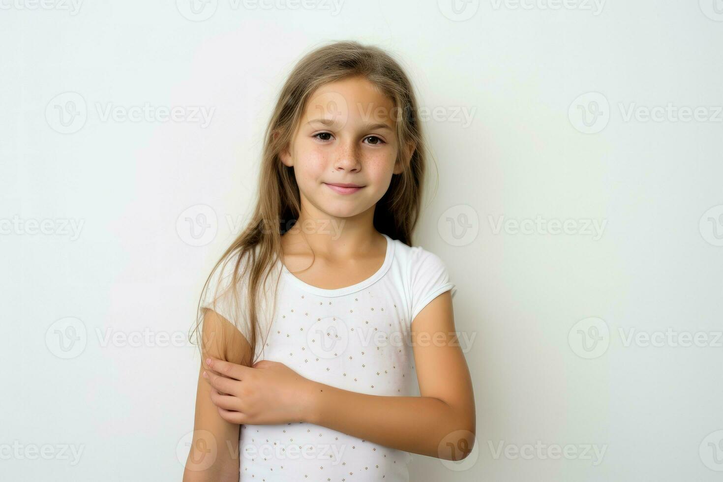 Girl happy with sticking plaster on arm after vaccination. Generate Ai photo