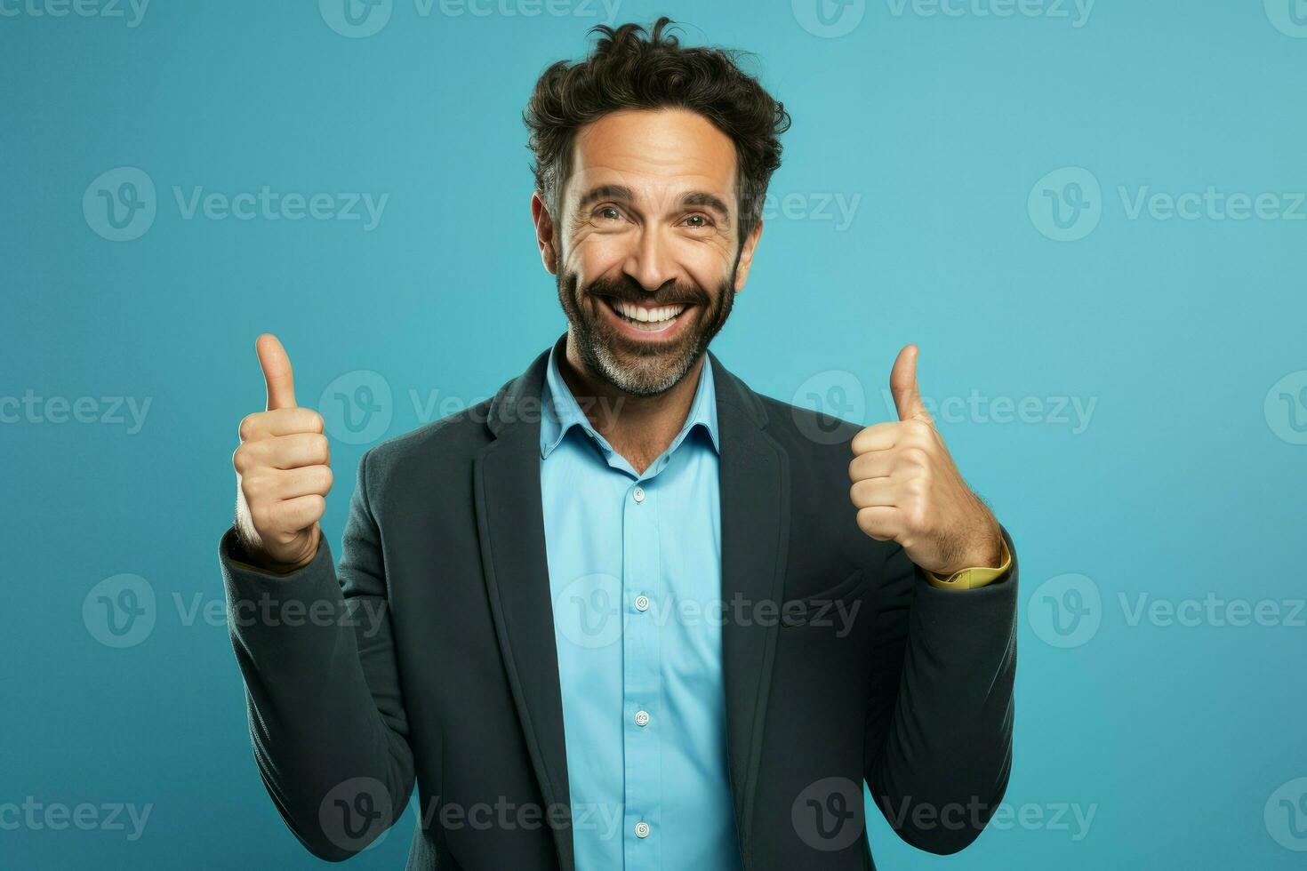 Happy businessman crossing his fingers on blue background. Generate Ai photo