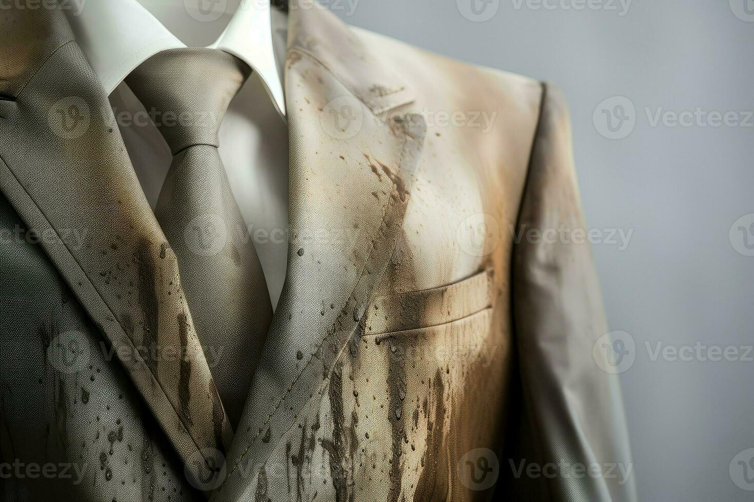 Grey jacket with stain of coffee surface textile. Generate Ai photo