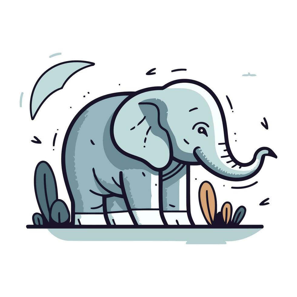 Elephant standing on the road. Vector illustration in cartoon style.